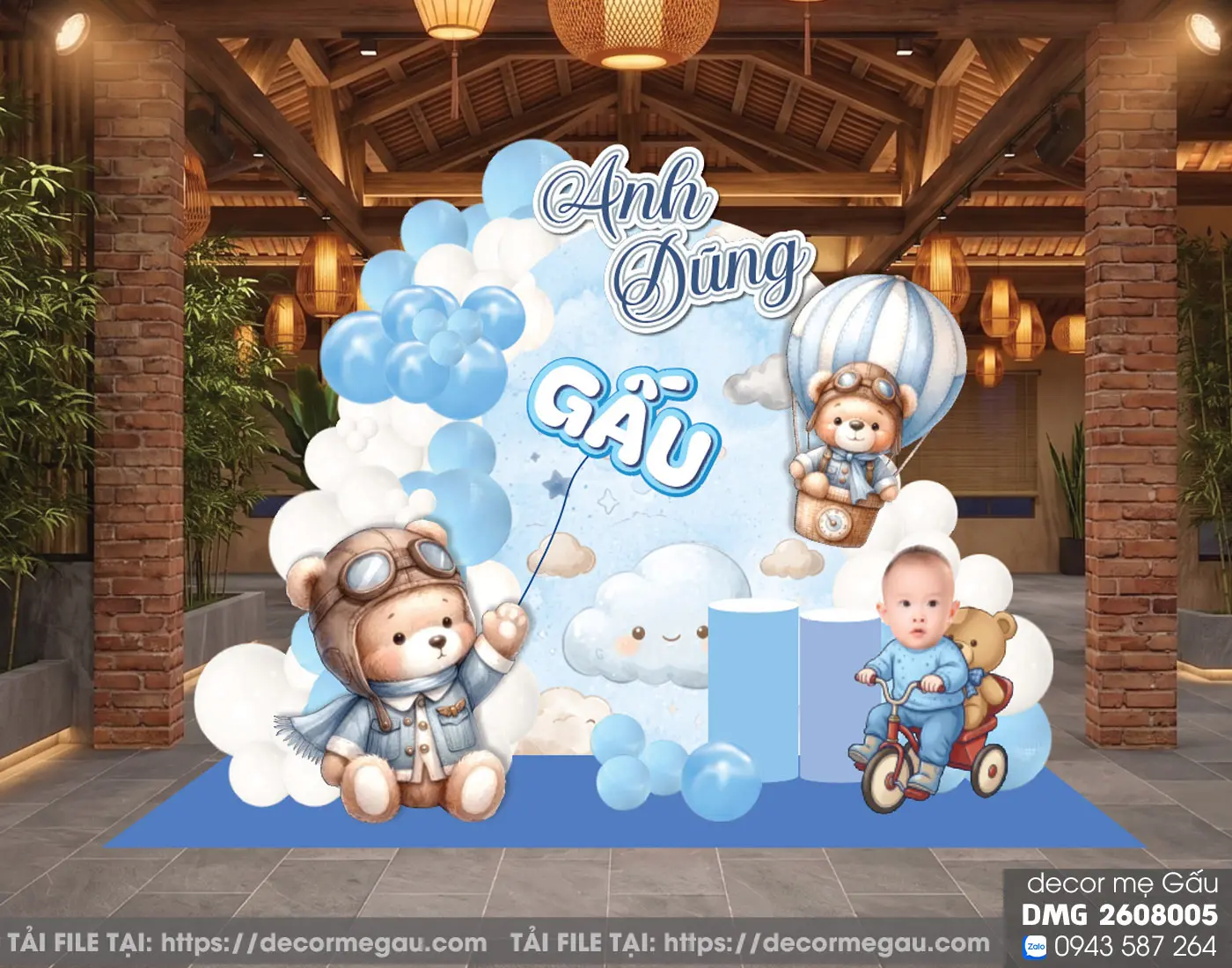 File Thiết Kế Backdrop Sinh Nhật Bé Trai Chủ Đề Gấu Phi Công Và Khinh Khí Cầu Màu Xanh Dương