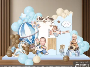 File Thiết Kế Background Thôi Nôi Đầy Tháng Bé Trai Tuổi Ngọ Tông Xanh Dương Nâu