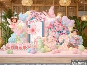 File Thiết Kế Backdrop Sinh Nhật Bé Gái Chủ Đề Cổ Tích Bé Ngọc Mai 2 Tuổi Tông Hồng Pastel