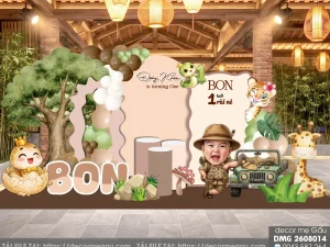 File Thiết Kế Background Thôi Nôi Bé Trai Tuổi Tỵ Chủ Đề Rừng Safari Tông Xanh Be Ấm Áp