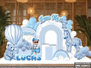 File Thiết Kế Backdrop Đầy Tháng Bé Trai Tuổi Ngọ Tông Xanh Dương Sang Trọng