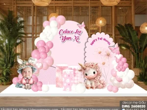 File Thiết Kế Backdrop Đầy Tháng Bé Gái Tuổi Ngọ Tông Hồng Dễ Thương