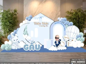 File Thiết Kế Backdrop Sinh Nhật Bé Trai 1 Tuổi Chủ Đề Gấu Dễ Thương Tone Xanh Dương