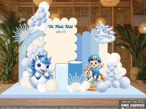 Mẫu Backdrop Đầy Tháng Bé Trai Tuổi Ngọ Tông Xanh Dương Dễ Thương