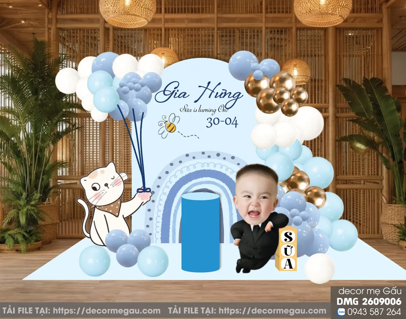 File Thiết Kế Backdrop Thôi Nôi Bé Trai Tuổi Mão Tông Xanh Dương Dễ Thương
