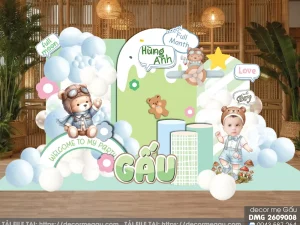 File Thiết Kế Backdrop Đầy Tháng Bé Trai Chủ Đề Gấu Phi Công Dễ Thương