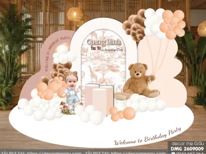 Mẫu Backdrop Thôi Nôi Bé Trai Chủ Đề Rừng Safari Và Gấu Teddy Tông Be Nâu