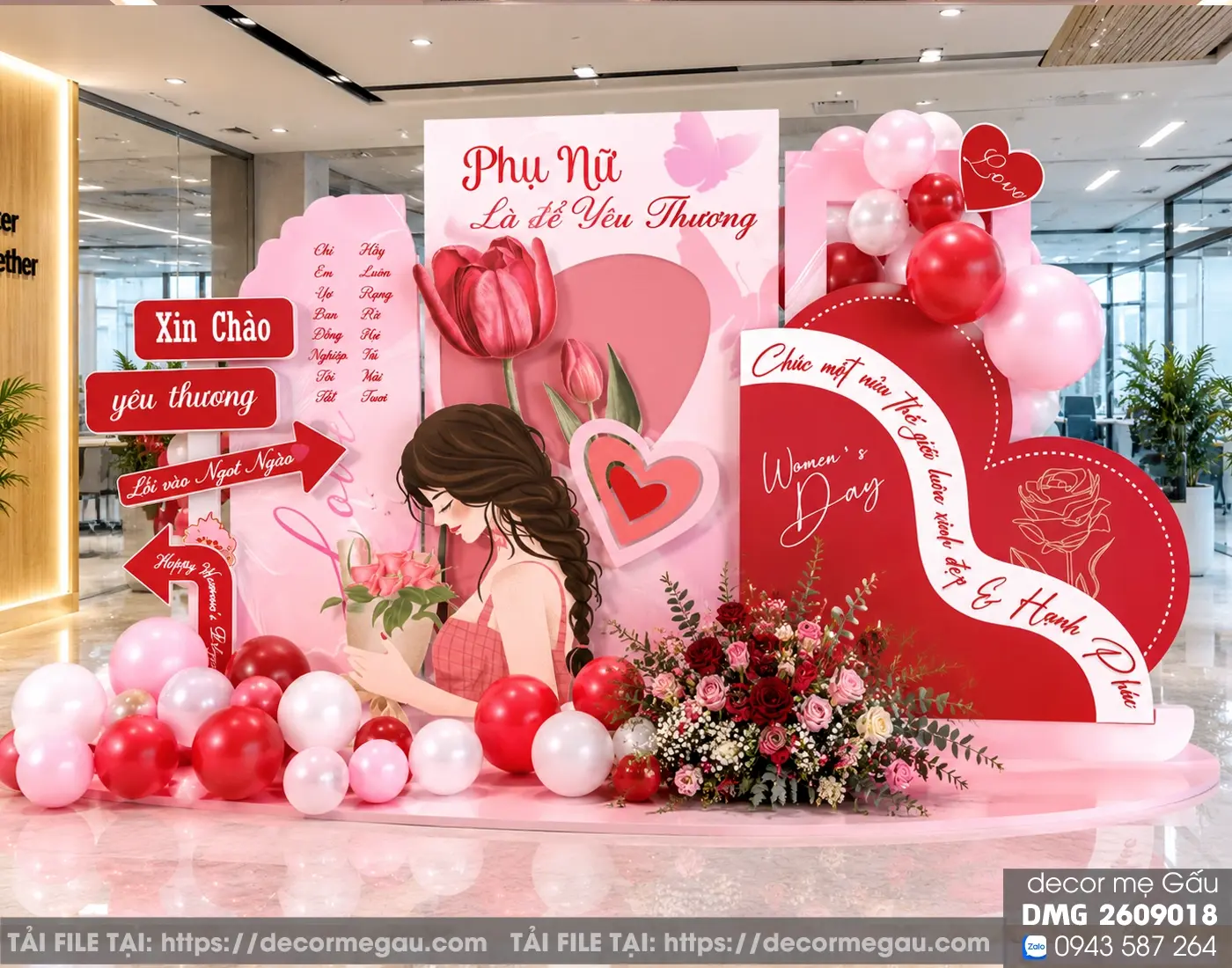 File Thiết Kế Backdrop Women's Day Phụ Nữ Là Để Yêu Thương Tone Hồng Đỏ Ngọt Ngào