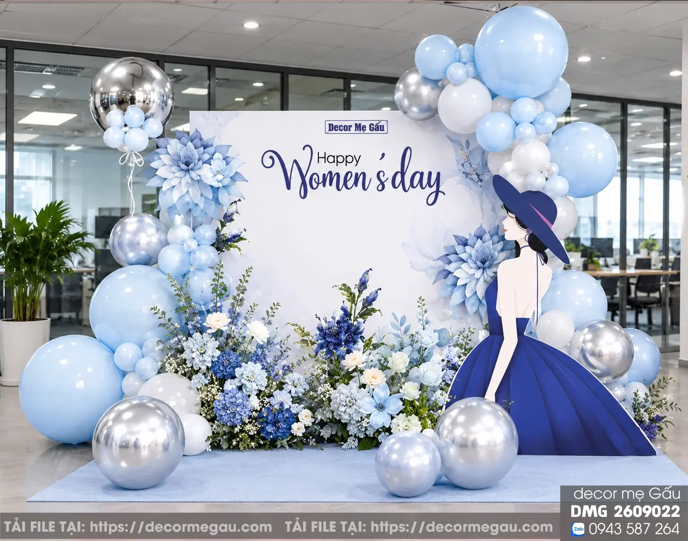 File Thiết Kế Backdrop Happy Women's Day Tone Xanh Dương Sang Trọng