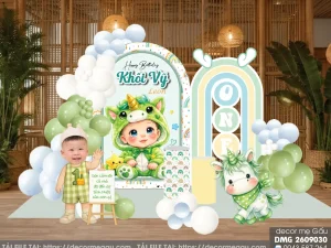 File Thiết Kế Backdrop Thôi Nôi Bé Trai Tuổi Ngọ Chủ Đề Kỳ Lân Xanh Lá Dễ Thương