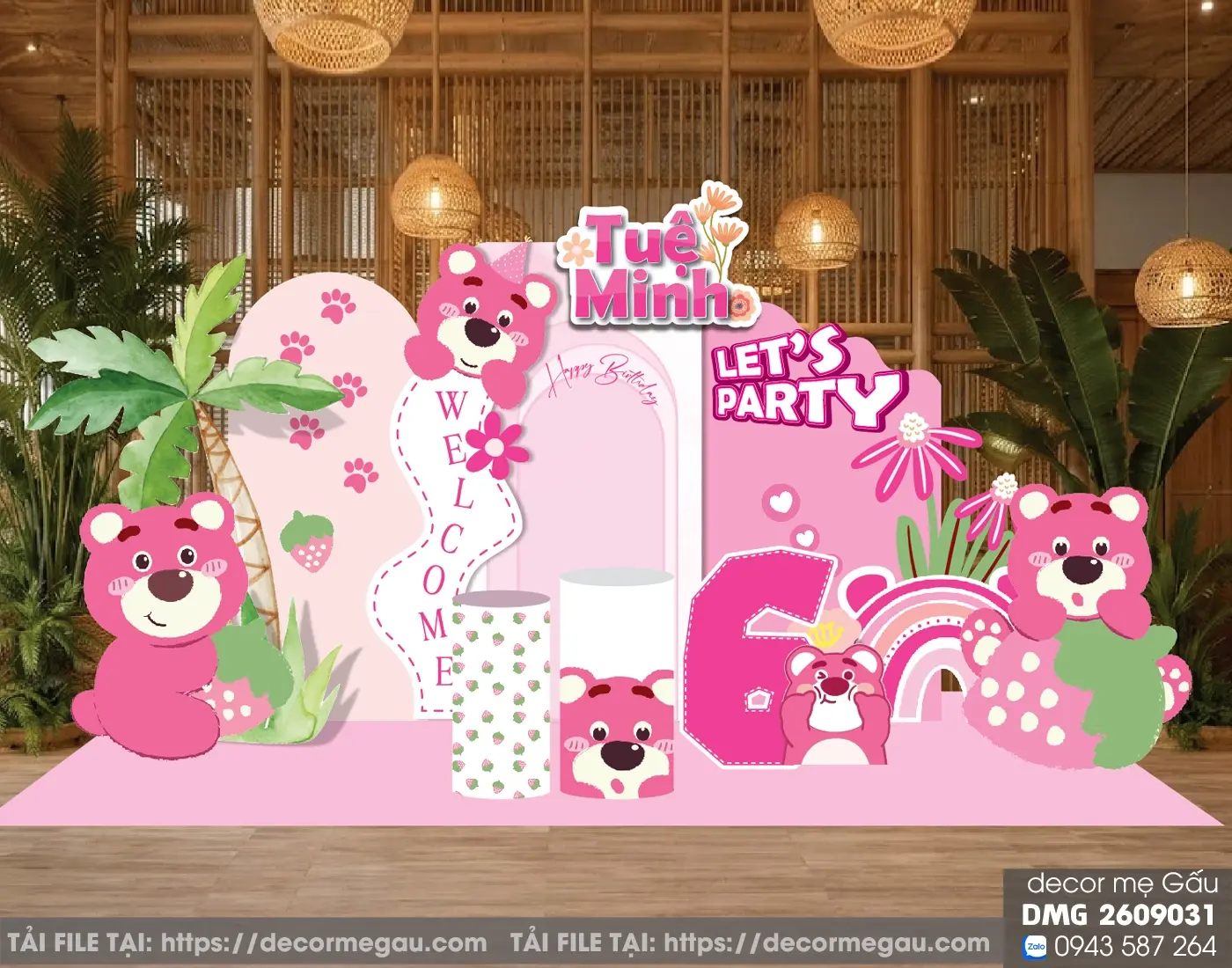 File Thiết Kế Backdrop Sinh Nhật Bé Gái Chủ Đề Gấu Dâu Lotso Hồng Đáng Yêu