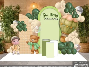 File Thiết Kế Backdrop Đầy Tháng Bé Trai Gia Hưng Chủ Đề Gấu Teddy Tone Xanh Lá