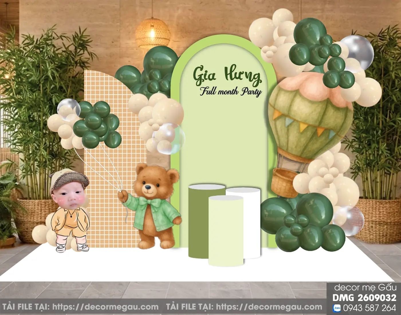 File Thiết Kế Backdrop Đầy Tháng Bé Trai Gia Hưng Chủ Đề Gấu Teddy Tone Xanh Lá