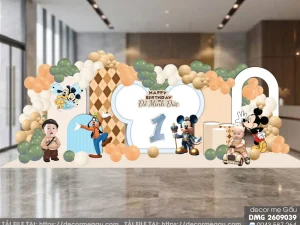 File Thiết Kế Backdrop Sinh Nhật Thôi Nôi Bé Trai Chủ Đề Mickey Tông Xanh Lá Be