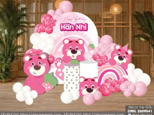 File Thiết Kế Backdrop Sinh Nhật Bé Gái Chủ Đề Gấu Dâu Hồng Dễ Thương