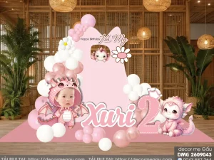 File Thiết Kế Backdrop Sinh Nhật Bé Gái 2 Tuổi Chủ Đề Rồng Con Màu Hồng Dễ Thương