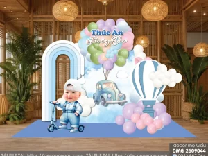 File Thiết Kế Backdrop Sinh Nhật Bé Trai Chủ Đề Xe Cộ Và Khinh Khí Cầu Tông Xanh Pastel
