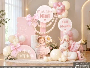File Thiết Kế Backdrop Đầy Tháng Bé Gái Tuổi Ngọ – Mẫu Kỳ Lân Hồng Pastel Dễ Thương