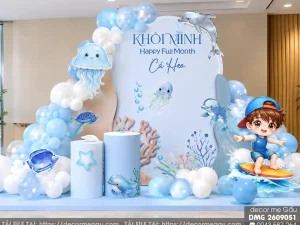 File Thiết Kế Backdrop Đầy Tháng Bé Trai Chủ Đề Đại Dương Cá Heo Dễ Thương