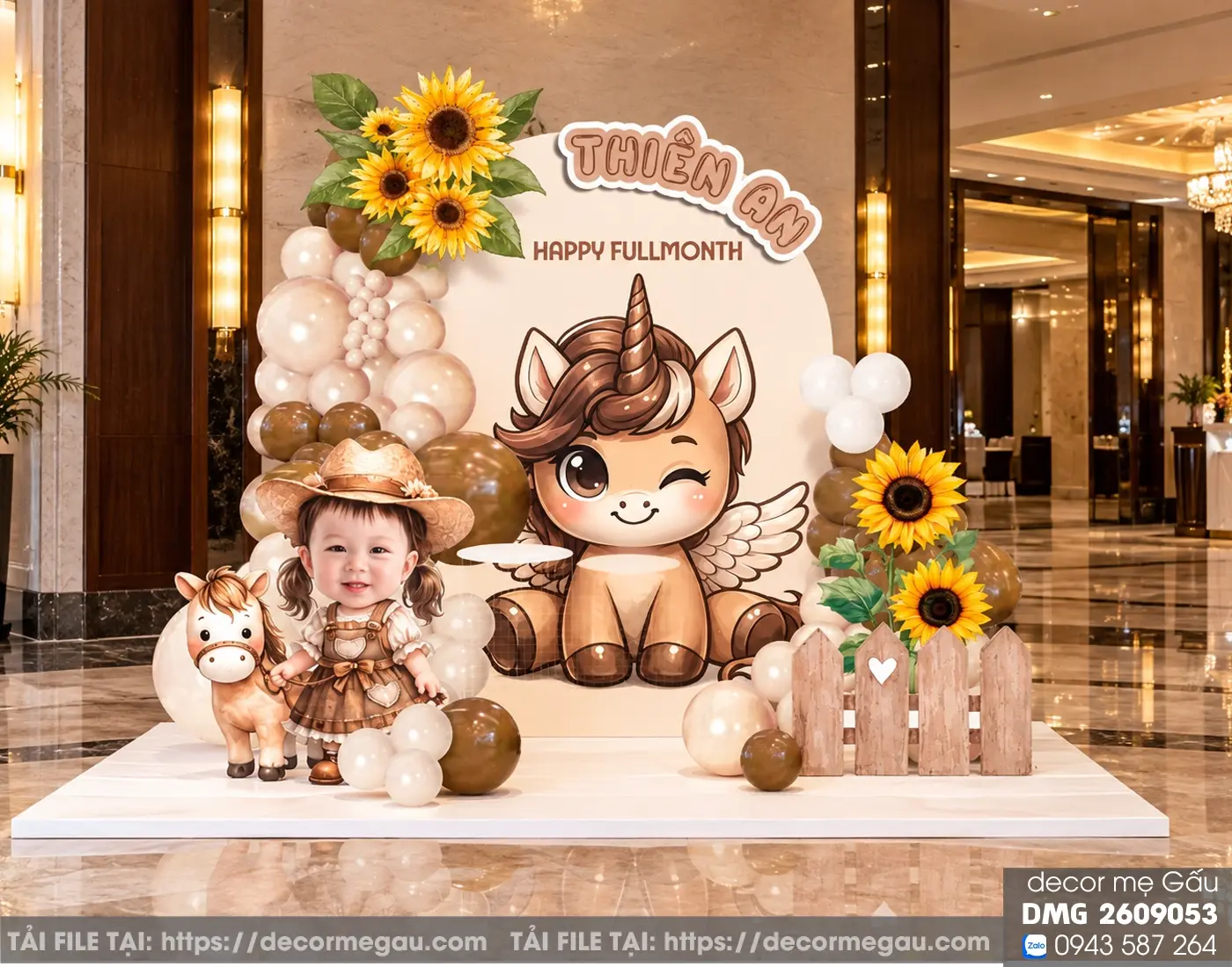 File Thiết Kế Backdrop Đầy Tháng Bé Gái Tuổi Ngọ Tông Nâu Be Dễ Thương