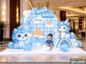 File Thiết Kế Backdrop Đầy Tháng Bé Trai Tuổi Ngọ Chủ Đề Unicorn Xanh Dương
