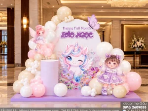 File Thiết Kế Backdrop Đầy Tháng Bé Gái Tuổi Ngọ Chủ Đề Kỳ Lân Unicorn Tông Tím Hồng Pastel – Decor Mẹ Gấu