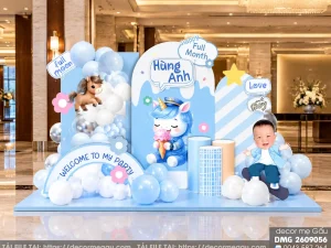 File Thiết Kế Backdrop Đầy Tháng Bé Trai Tuổi Ngọ Tông Xanh Dương Dễ Thương