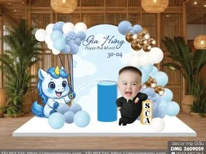 File Thiết Kế Backdrop Đầy Tháng Bé Trai Tuổi Ngọ Tông Xanh Dương – Gia Hưng