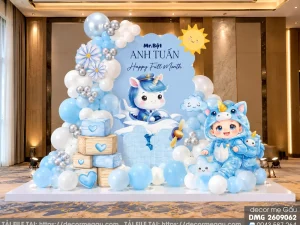 File Thiết Kế Backdrop Đầy Tháng Bé Trai Tuổi Ngọ Tông Xanh Dương Cute