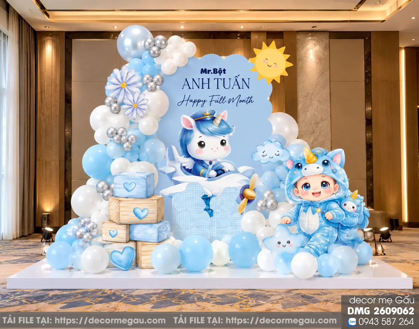 File Thiết Kế Backdrop Đầy Tháng Bé Trai Tuổi Ngọ Tông Xanh Dương Cute