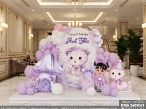 File Thiết Kế Backdrop Thôi Nôi Bé Gái Tuổi Tỵ Tông Tím Pastel Dễ Thương – Anh Thư