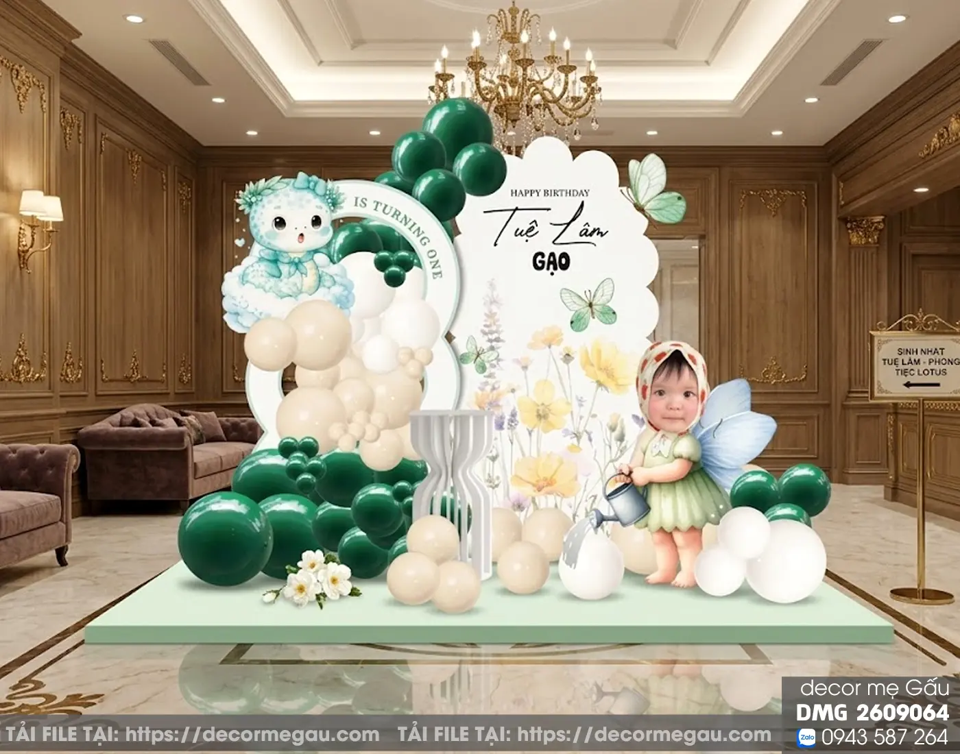 File Thiết Kế Backdrop Thôi Nôi Bé Gái Tuổi Thìn Chủ Đề Khu Vườn Cổ Tích Tông Xanh Lá - Decor Mẹ Gấu