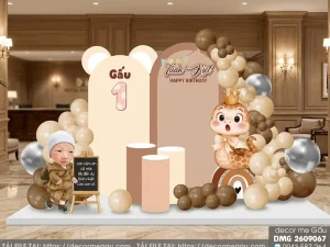 File Thiết Kế Backdrop Thôi Nôi Bé Trai Tuổi Tỵ Tông Nâu Be Siêu Dễ Thương