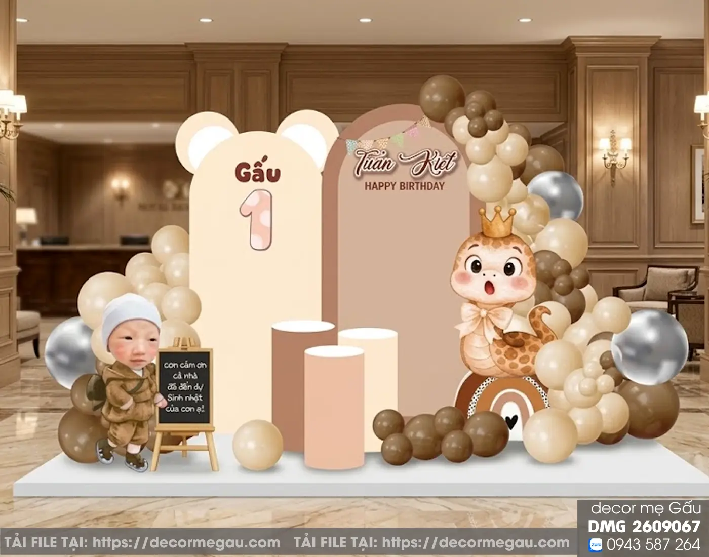 File Thiết Kế Backdrop Thôi Nôi Bé Trai Tuổi Tỵ Tông Nâu Be Siêu Dễ Thương
