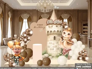 File Thiết Kế Backdrop Thôi Nôi Bé Trai Tuổi Tỵ Chủ Đề Hoàng Tử Lâu Đài Tông Be Nâu