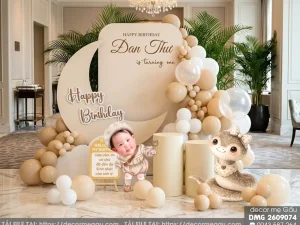 File Thiết Kế Backdrop Thôi Nôi Bé Gái Tuổi Tỵ Tông Be Hàn Quốc Sang Trọng