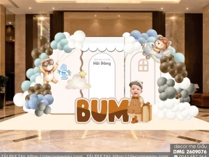 File Thiết Kế Backdrop Thôi Nôi Sinh Nhật Bé Trai Chủ Đề Gấu Phi Công Màu Xanh Nâu Be