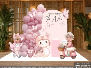 File Thiết Kế Backdrop Thôi Nôi Bé Gái Tuổi Tỵ Tông Hồng Pastel Dễ Thương
