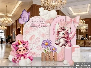 File Thiết Kế Backdrop Sinh Nhật Thôi Nôi Bé Gái Tuổi Ngọ Chủ Đề Kỳ Lân Unicorn Hồng Tím