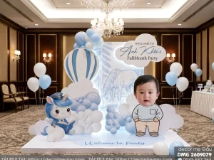File Thiết Kế Backdrop Đầy Tháng Bé Trai Tuổi Ngọ Tông Xanh Dương Dễ Thương