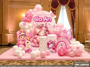 File Thiết Kế Backdrop Đầy Tháng Bé Gái Tuổi Ngọ Chủ Đề Unicorn Hồng Gia An