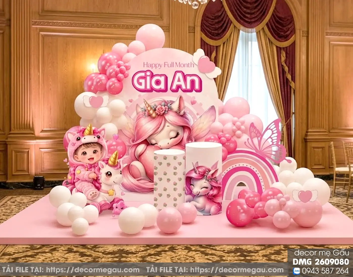 File Thiết Kế Backdrop Đầy Tháng Bé Gái Tuổi Ngọ Chủ Đề Unicorn Hồng Gia An