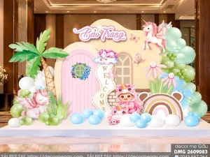 File Thiết Kế Backdrop Thôi Nôi Bé Gái Tuổi Ngọ Chủ Đề Kỳ Lân Hồng Pastel