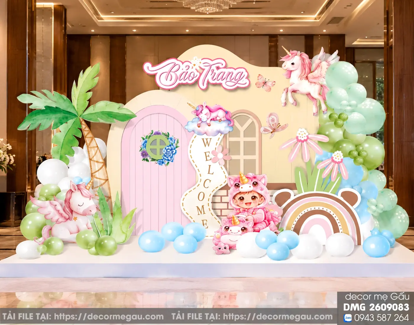 File Thiết Kế Backdrop Thôi Nôi Bé Gái Tuổi Ngọ Chủ Đề Kỳ Lân Hồng Pastel
