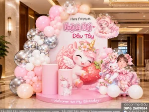 File Thiết Kế Backdrop Đầy Tháng Bé Gái Tuổi Ngọ Chủ Đề Kỳ Lân Unicorn Hồng Dễ Thương