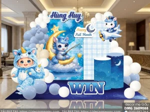 File Thiết Kế Backdrop Đầy Tháng Bé Trai Tuổi Ngọ Chủ Đề Kỳ Lân Blue Unicorn Dễ Thương