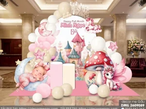 File Thiết Kế Backdrop Đầy Tháng Bé Gái Tuổi Ngọ Tông Hồng Pastel Dễ Thương