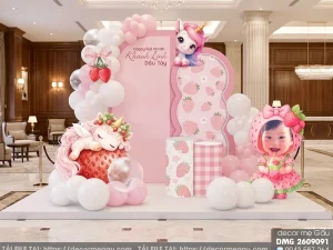 File Thiết Kế Backdrop Đầy Tháng Bé Gái Tuổi Ngọ Chủ Đề Kỳ Lân Dâu Tây Dễ Thương