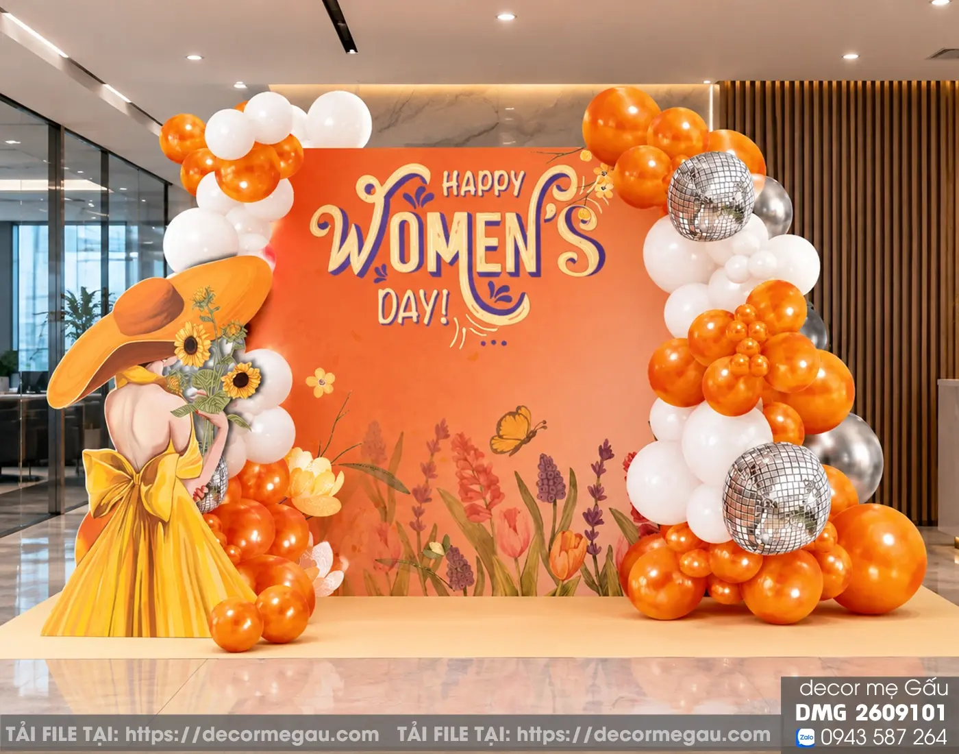 File Thiết Kế Backdrop Happy Women's Day Tone Cam Vàng Rực Rỡ