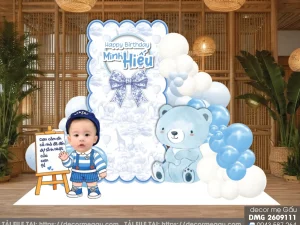 File Thiết Kế Backdrop Sinh Nhật Bé Trai Chủ Đề Gấu Con Xanh Dương Dễ Thương